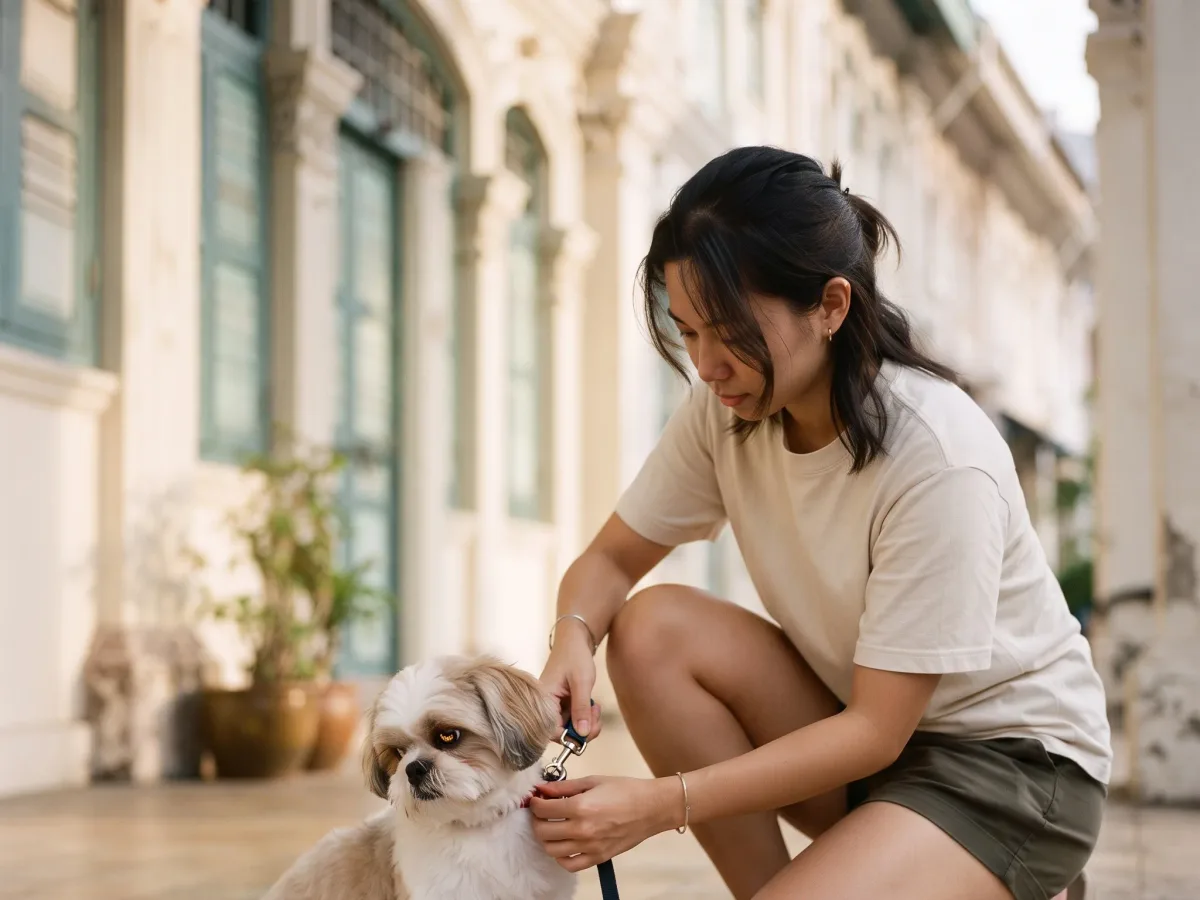 An owner clipping a lead onto a shih tzu outside shophouses in central Singapore