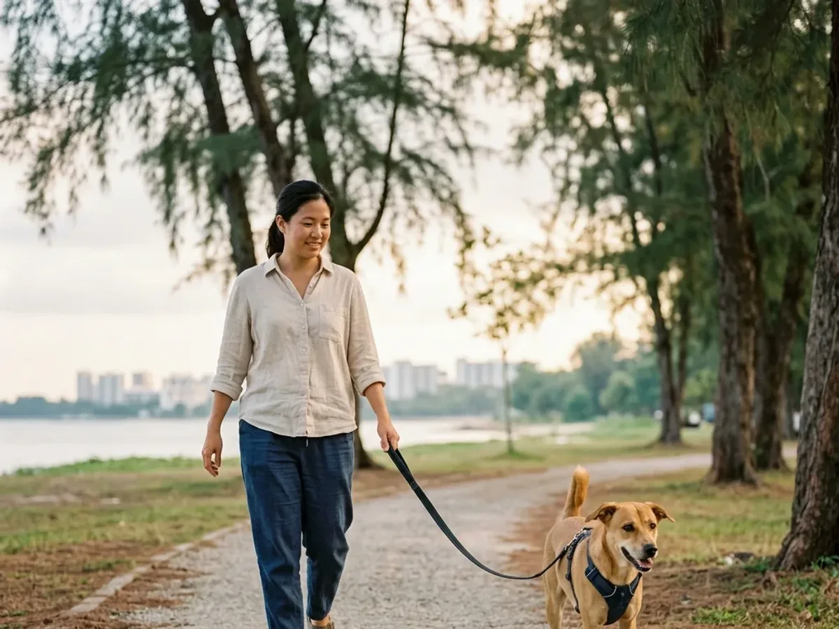 A dog and its owner walking a coastal park path in the east of Singapore