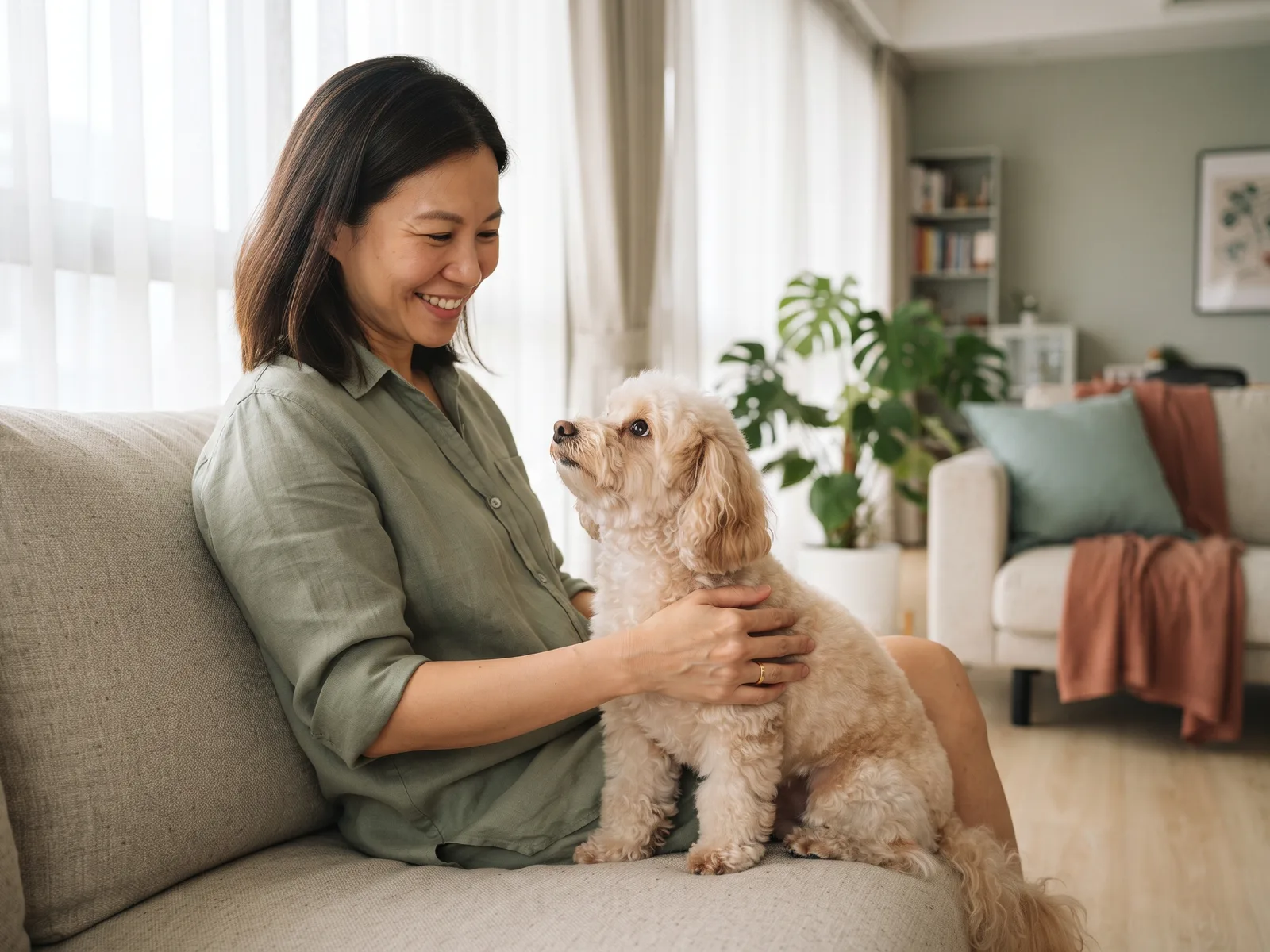 A dog owner smiling with her poodle on the sofa in a bright Singapore home