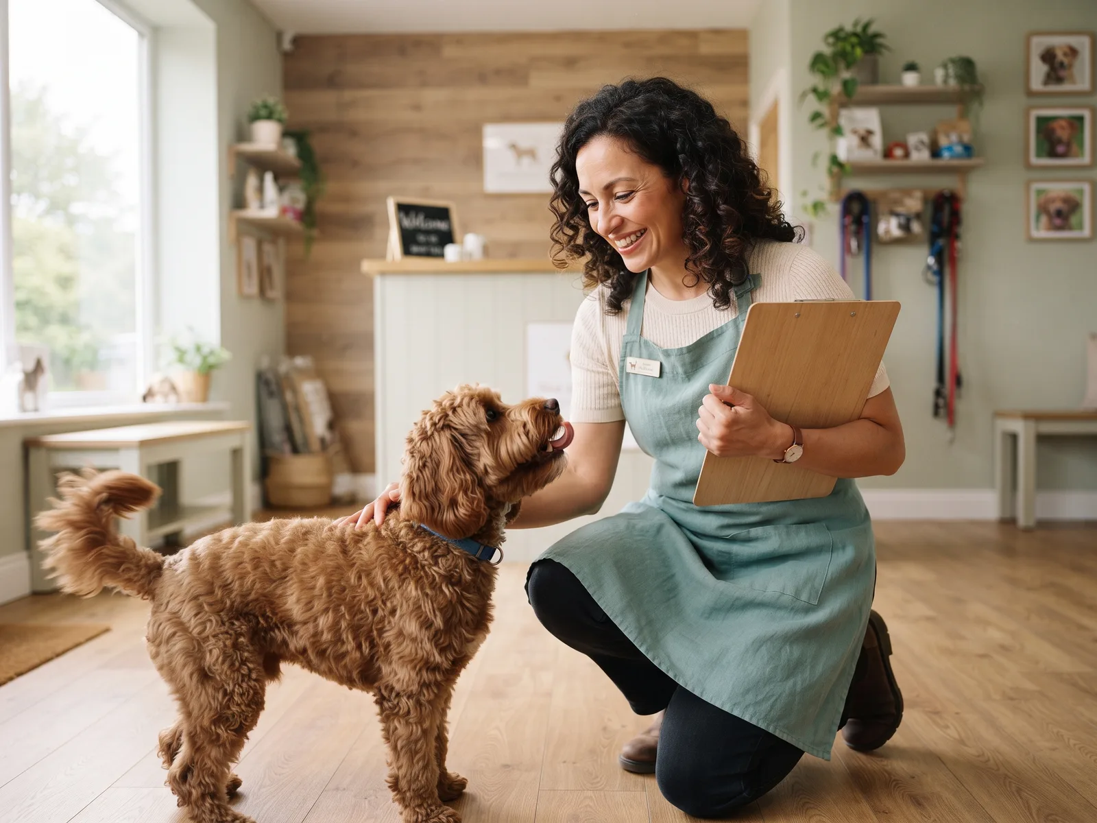 A boarder greeting a dog at a licensed Singapore facility
