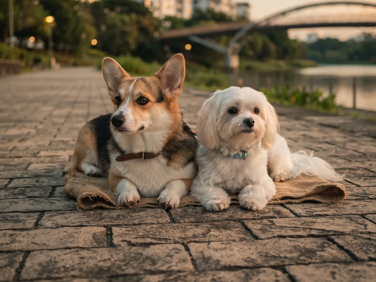 A corgi and a maltese resting on a riverside promenade in north-east Singapore
