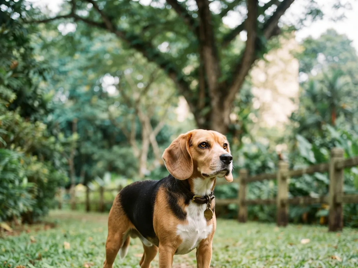 A beagle standing on grass in a leafy suburban park in northern Singapore