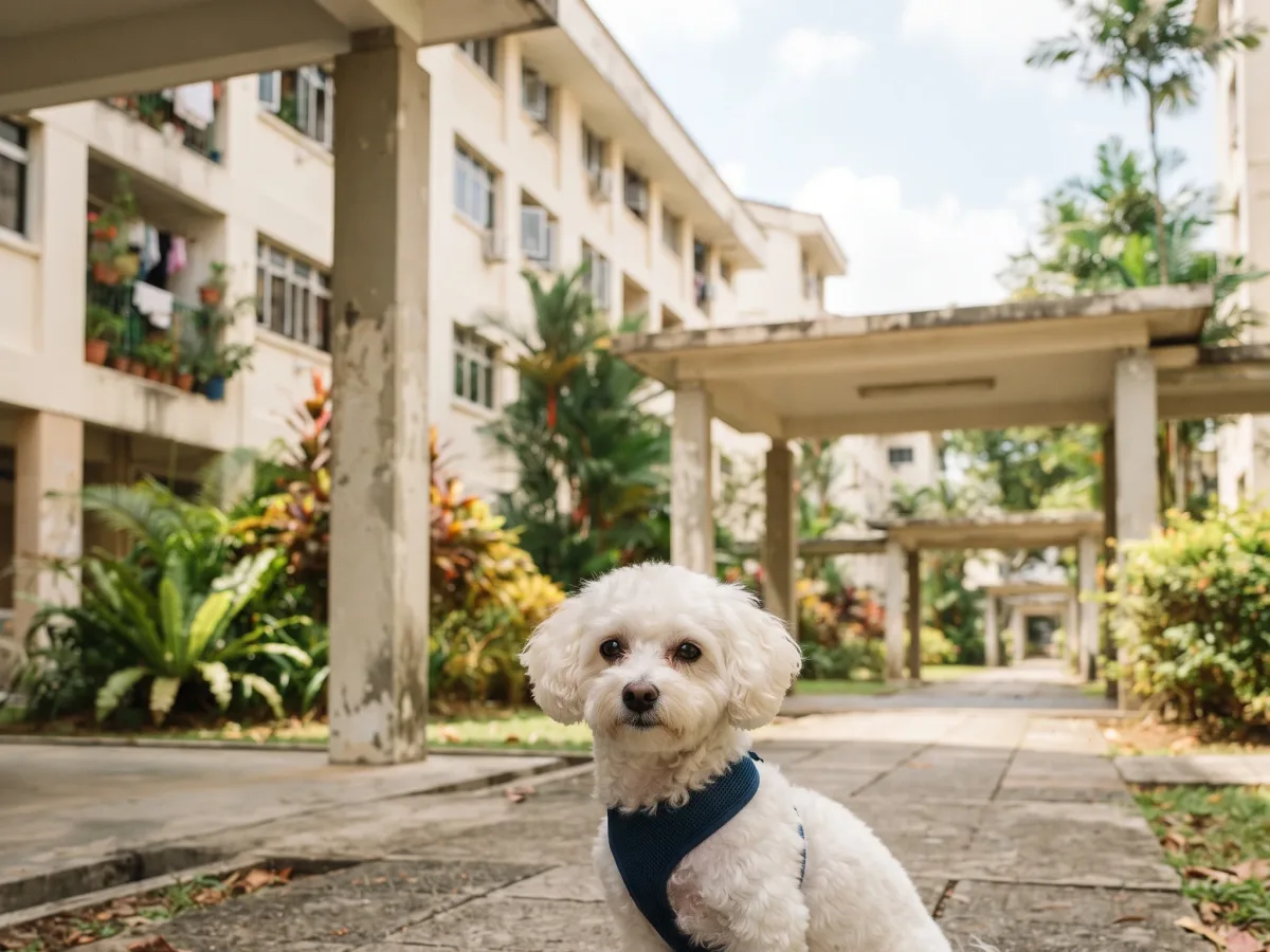 A small poodle sitting outside pale public housing blocks in western Singapore